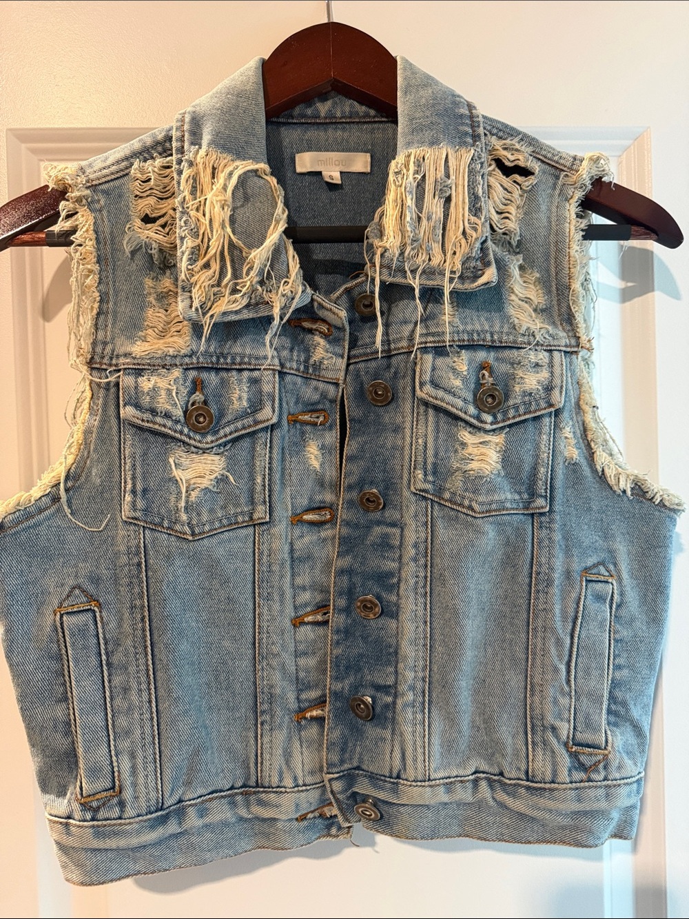 LF Light Blue Distressed Denim Vest